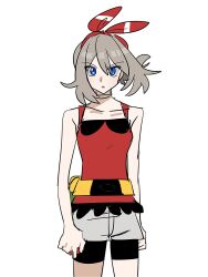  1girl bandana bike_shorts blue_eyes bow_hairband brown_hair green_bandana hairband highres holding holding_poke_ball looking_at_viewer may_(pokemon) muro_n poke_ball poke_ball_(basic) pokemon pokemon_omega_ruby_and_alpha_sapphire red_hairband red_shirt shirt simple_background sleeveless solo white_background 