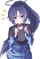  1girl alternate_hairstyle black_halo black_shirt blue_archive blue_eyes blue_hair blue_jacket breasts clenched_hands commentary_request gym_uniform halo high_ponytail highres id_card jacket jacket_partially_removed lanyard large_breasts long_hair long_sleeves noria_nada official_alternate_costume partially_open_jacket ponytail shirt short_sleeves simple_background solo star_on_cheek track_jacket white_background yuuka_(blue_archive) yuuka_(track)_(blue_archive) 