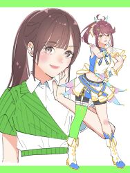  2girls absurdres antenna_hair asymmetrical_legwear bike_shorts black_shorts blue_socks boots brown_hair closed_mouth commentary_request dou-da?_doing! fold-over_boots fujiwaland full_body goto_akira green_eyes green_jacket green_thighhighs grey_eyes hand_on_own_cheek hand_on_own_face highres ikizulive!_love_live!_bluebird jacket looking_at_viewer love_live! midriff mismatched_legwear miyano_seri multiple_girls navel open_mouth pinstripe_jacket pinstripe_pattern ponytail real_life shirt short_sleeves shorts sidelocks simple_background smile socks standing thigh-highs thumbs_up uneven_legwear voice_actor voice_actor_connection white_background white_boots white_shirt 