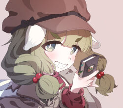  1girl animal_ears black_bow blue_archive blunt_bangs book bow brown_coat brown_hat coat commentary droopy_ears green_eyes green_hair grin hair_bobbles hair_ornament hat hat_bow holding holding_book light_blush long_sleeves looking_at_viewer medium_hair newsboy_cap open_clothes open_coat portrait red_shirt shirt simple_background smile solo turtleneck turtleneck_shirt user_vnke7835 yakumo_(blue_archive) 