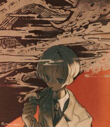  1boy artist_name black_necktie coat collared_shirt commentary_request crossed_bangs dark-skinned_male dark_skin from_above hair_between_eyes hand_up highres holding holding_smoking_pipe instagram_username jimini_shijimi long_sleeves looking_ahead necktie original red_background shirt short_hair skeb_username smoke smoking smoking_pipe smoking_pipe_in_mouth solo tentacles twitter_username white-haired_man_(jimini_shijimi) white_hair 