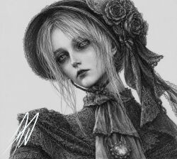  1girl bloodborne bonnet coat collar doll doll_joints flower fromsoftware gem goth_fashion green_eyes greyscale hat hat_flower joints long_hair monochrome parted_bangs parted_lips plain_doll signature simple_background somnuscaelum 