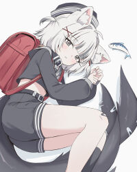  1girl absurdres ahoge animal_ears ass backpack bag belt black_hair black_shirt black_shorts blunt_bangs blush cat_ears cattocut collar fins fish_tail full_body grey_eyes hat highres indie_virtual_youtuber long_sleeves looking_at_viewer lying midriff multicolored_hair on_side sailor sailor_collar second-party_source shark_tail shirt short_hair shorts streaked_hair tail two_side_up virtual_youtuber white_background white_hair yona_(vtuber) 