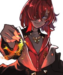  1girl ange_katrina ange_katrina_(1st_costume) black_coat blue_eyes cardigan coat commentary_request crossed_bangs fire hair_ornament hair_over_one_eye hairclip hand_up highres long_bangs long_sleeves looking_at_viewer medium_hair multicolored_eyes nijisanji off_shoulder open_mouth pink_eyes red_cardigan red_hair simple_background smile solo takena-c triangle_hair_ornament two-tone_eyes upper_body virtual_youtuber white_background 