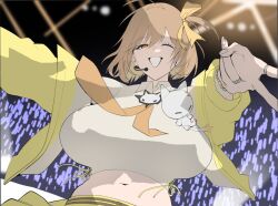  1girl anis_(nikke) anis_(star)_(t.t._star)_(nikke) artist_name blush breasts brown_eyes brown_hair commentary_request crop_top cropped_shirt flat_color goddess_of_victory:_nikke jacket large_breasts long_sleeves looking_at_viewer midriff navel nyahpa20 one_eye_closed open_mouth shirt short_hair skirt smile solo upper_body white_shirt yellow_jacket yellow_skirt 