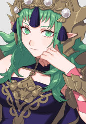  1girl arm_wrap blush breasts closed_mouth commentary_request dress fire_emblem fire_emblem:_fortune's_weave green_eyes green_hair hair_ornament headpiece highres long_hair long_pointy_ears looking_at_viewer medium_breasts pointy_ears purple_dress ribbon shamu_(peach11_01) simple_background solo sothis_(adult)_(fire_emblem) sothis_(fire_emblem) tassel tassel_hair_ornament tiara upper_body 