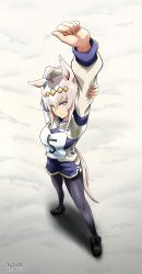  1girl absurdres ahoge animal_ears arms_up black_pantyhose black_shoes blue_eyes breasts closed_mouth ear_ornament grey_hair grey_tail hair_between_eyes hair_ornament hairband highres horse_ears horse_girl horse_tail jacket kasamatsu_tracen_training_uniform kiyosuke_(kiyosuke023) long_hair long_sleeves medium_breasts multicolored_hair multicolored_jacket oguri_cap_(umamusume) pantyhose pantyhose_under_shorts purple_jacket purple_shorts race_bib shoes shorts solo stretching tail track_jacket two-tone_jacket umamusume umamusume:_cinderella_gray 