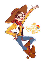  1boy animal_print animification brown_hair cow_print cowboy cowboy_hat hat highres long_sleeves male_focus nhbzzdy open_mouth sheriff_woody shirt short_hair simple_background smile solo toy_story vest white_background 