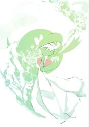  1girl alternate_eye_color arm_up bob_cut colored_skin commentary flat_chest flat_color flower from_side full_body gardevoir green_background green_eyes green_flower green_hair green_rose green_skin hair_over_one_eye hand_up highres holding holding_flower maeyufiore mixed-language_commentary multicolored_skin no_mouth one_eye_covered outstretched_arm pokemon pokemon_(creature) profile romaji_commentary rose short_hair sketch solo standing two-tone_skin white_flower white_rose white_skin 