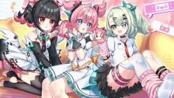  3girls :o absurdres aqua_hair aria_(human)_(zenless_zone_zero) aria_(zenless_zone_zero) black_choker black_hair black_sleeves black_thighhighs bow bowtie breasts chinatsu_(blue_archive) choker commentary_request dress feet fingerless_gloves fur-trimmed_skirt fur_trim gloves green_bow green_bowtie green_eyes green_hair hair_bow hair_ornament highres long_hair medium_hair multicolored_hair multiple_girls necktie open_mouth pink_gloves pink_hair ponytail red_eyes red_necktie red_shorts shirt shorts skirt sunna_(zenless_zone_zero) thigh-highs thigh_strap toes torn_clothes torn_thighhighs white_dress white_shirt white_thighhighs ying_miao zenless_zone_zero 
