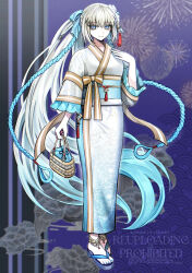  1girl alternate_costume blue_eyes blue_kimono braid breasts diandao_qin fate/grand_order fate_(series) flower full_body grey_hair hair_flower hair_ornament hair_ribbon highres japanese_clothes kimono long_hair long_sleeves looking_at_viewer medium_breasts morgan_le_fay_(fate) morgan_le_fay_(water_princess)_(fate) obi platform_sandals ponytail ribbon sandals sash sidelocks smile solo tassel very_long_hair white_kimono 