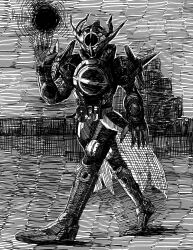 1boy armor black_bodysuit black_hole bodysuit commentary_request evol_driver evol_trigger full_body fullbottle helmet highres kamen_rider kamen_rider_build_(series) kamen_rider_evol kamen_rider_evol_(black_hole_form) male_focus meme monochrome onigirihuma rider_belt shoulder_armor shoulder_spikes solo spikes standing tokusatsu yan-gant-y-tan