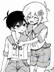  2boys alternate_costume antenna_hair basil_(faraway)_(omori) basil_(omori) bright_pupils closed_eyes collarbone commentary_request double-parted_bangs flower greyscale hair_between_eyes hair_flower hair_ornament highres hug kiimorisame looking_at_another male_focus monochrome multiple_boys omori open_mouth parted_lips short_hair short_sleeves shorts sidelocks sunny_(omori) teeth upper_teeth_only 