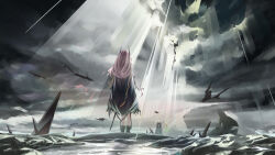  1other 2girls absurdres arknights black_cape cape chinese_commentary clouds cloudy_sky commentary_request demon_girl demon_horns doctor_(arknights) faceless faceless_female facing_away highres horns kal'tsit_(arknights) light_rays long_hair multiple_girls ocean originium_(arknights) outdoors overcast pink_hair rain scenery sky standing sunbeam sunlight theresa_(arknights) water waves yima_(power222222) 