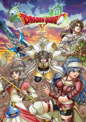  2boys 2girls anlucea armor artist_request black_shorts blonde_hair blue_eyes blue_hair boots braid brother_and_sister brown_eyes brown_hair capelet circlet clenched_teeth clouds commentary copyright_logo copyright_name dragon_quest dragon_quest_x dress dual_wielding english_commentary gem gold_circlet green_tunic grey_armor hairband hero_(dq10) holding holding_staff holding_sword holding_weapon jewelry kyururu_(dq10) logo long_hair low_ponytail low_twin_braids mole mole_under_mouth multiple_boys multiple_girls necklace official_alternate_costume official_art parted_bangs pauldrons ponytail promotional_art red_armor red_capelet red_gem short_hair shorts shoulder_armor siblings slime_(dragon_quest) staff sunset sword teeth thigh_boots third-party_source touma_(dq10) tunic twin_braids weapon white_dress white_hairband yukiha_(dq10) 