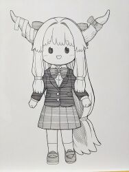  1girl :d absurdres alternate_costume bow bowtie clenched_hands collared_shirt commentary_request greyscale hair_bow highres horn_bow horn_ornament horns ibuki_suika jacket loafers long_hair looking_at_viewer monochrome oni open_mouth pleated_skirt poronegi school_uniform shirt shoes skirt smile socks solo touhou traditional_media very_long_hair 