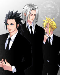  3boys alternate_costume black_hair black_jacket black_necktie black_pants blonde_hair blue_eyes closed_eyes cloud_strife collared_shirt commentary_request cowboy_shot cross_scar earrings final_fantasy final_fantasy_vii gradient_background hand_in_pocket highres jacket jewelry long_hair long_sleeves looking_to_the_side male_focus multiple_boys necktie pants parted_bangs scar scar_on_cheek scar_on_face sephiroth shikiwo shirt short_hair spiky_hair stud_earrings suit_jacket upper_body watermark white_shirt zack_fair 