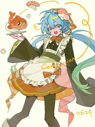  1girl ahoge apron black_pantyhose black_shirt blue_eyes blue_hair bow bowtie buttons character_request commission copyright_request dated feet_out_of_frame food frilled_apron frills gradient_hair green_eyes green_hair hair_between_eyes hair_ornament hair_scrunchie hairclip headscarf highres holding holding_plate kamaboko long_hair long_sleeves low_twintails lu_putao_tengman mihuashi_commission multicolored_hair narutomaki open_mouth orange_bow orange_bowtie orange_headscarf orange_skirt pantyhose plate scrunchie shirt simple_background single_sleeve_past_fingers skirt smile solo sushi twintails two-tone_hair very_long_hair watermark white_apron wide_sleeves yellow_background 