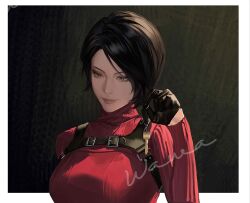  1girl ada_wong artist_name black_gloves black_hair border breasts brown_eyes chest_harness closed_mouth commentary dress english_commentary gloves half_gloves harness highres holding holding_key key medium_breasts parted_bangs red_dress resident_evil resident_evil_4 resident_evil_4_(remake) ribbed_dress short_hair smile solo turtleneck turtleneck_dress upper_body wawaxiqaq white_border 
