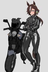  1girl alternate_costume animal_ears black_boots black_gloves black_jacket black_pants black_sweater boots brown_hair commentary_request ear_ornament full_body gloves grey_background hair_over_one_eye highres horse_ears horse_girl horse_tail jacket leather leather_jacket leather_pants light_smile long_hair long_sleeves motor_vehicle motorcycle multicolored_hair pants simple_background solo streaked_hair sweater tail turtleneck turtleneck_sweater umamusume veth_free vodka_(umamusume) white_hair 