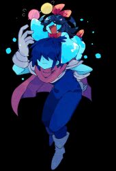  1girl 1other 2525nicc aqua_(deltarune) aqua_dress aqua_petals aqua_skin armor black_hair blue_hair blue_skin bow breastplate cape carrying closed_mouth colored_skin commentary_request covered_eyes deltarune dress expressionless fang full_body gauntlets gloves greaves hair_bow hair_over_eyes hair_wings highres holding holding_removed_eyewear kris_(dark_world)_(deltarune) kris_(deltarune) open_mouth pauldrons petals piggyback pink-tinted_eyewear red_bow scarf shoes short_hair shoulder_armor silver_armor sleeves_past_fingers sleeves_past_wrists smile tinted_eyewear unworn_eyewear utdr_(toby_fox) yellow-tinted_eyewear 