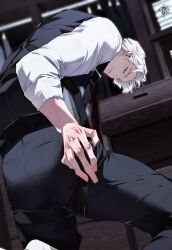  1boy baksa_030 black_pants black_vest closed_mouth commentary_request dutch_angle from_behind gwechul half-closed_eyes highres indoors kneeling korean_commentary lee_jaheon long_sleeves male_focus nose pants parted_bangs red_eyes shirt short_hair sleeves_rolled_up solo vest watermark white_hair white_shirt 