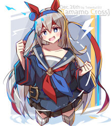  1girl :d animal_ears black_skirt blue_eyes blue_hairband blue_sailor_collar blue_shirt blush border bright_pupils character_name clenched_hands collarbone commentary_request double-parted_bangs fang grey_background grey_hair grey_thighhighs hair_between_eyes hairband hands_up headband highres horse_ears horse_girl long_hair looking_at_viewer open_mouth outside_border pleated_skirt red_headband sailor_collar shirt skirt smile solo tamamo_cross_(umamusume) tetenka thigh-highs twitter_username umamusume v-shaped_eyebrows white_border white_pupils zettai_ryouiki 