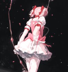  1girl absurdres bow bow_(weapon) bubble_skirt clothing_cutout commentary_request frilled_skirt frills from_behind gloves hair_bow heart_cutout highres holding holding_bow_(weapon) holding_weapon kaname_madoka kaname_madoka_(magical_girl) magical_girl mahou_shoujo_madoka_magica mahou_shoujo_madoka_magica_(anime) nnnnnanashiiii puffy_sleeves red_bow short_hair short_sleeves skirt solo twintails weapon white_gloves white_skirt 