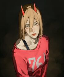  1girl blonde_hair chainsaw_man closed_mouth collarbone commission demon_girl demon_horns hair_between_eyes highres horns long_hair looking_at_viewer orange_eyes power_(chainsaw_man) red_horns red_sweater simple_background sketch solo sweater twitter_username upper_body vgen_commission yorumudts 