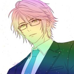  1boy aqua_necktie collared_shirt commentary dress_shirt final_fantasy final_fantasy_xiii final_fantasy_xiii-2 glasses green_eyes grey_hair hair_between_eyes highres hope_estheim jacket looking_at_viewer lovelessxxx69 male_focus necktie parted_lips shirt short_hair signature solo suit_jacket untranslatable_commentary upper_body white_background white_shirt 