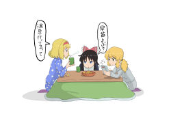  3girls absurdres alice_margatroid alternate_hairstyle aoiueo blonde_hair blue_eyes blue_pants blue_shirt bow brown_hair collared_shirt commentary_request cup food frilled_bow frills fruit grey_pants grey_sweater hair_bow hairband hakurei_reimu handheld_game_console highres holding holding_cup holding_handheld_game_console kirisame_marisa kotatsu long_hair long_sleeves mandarin_orange multiple_girls open_mouth pants playing_games playing_video_games ponytail red_bow red_hairband shirt simple_background speech_bubble steam sweater table touhou translation_request under_kotatsu under_table white_background yellow_eyes yunomi 