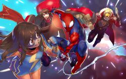  2boys 2girls animal_print bodysuit brown_hair coat commentary commentary_request dark-skinned_female dark_skin guardians_of_the_galaxy gun handgun kamala_khan mana30row marvel marvel_tokon:_fighting_souls mask ms._marvel_(series) multicolored_bodysuit multiple_boys multiple_girls official_artist_extra on_mecha peni_parker peter_quill silk sp//dr spider-man spider-man_(series) spider_print spider_web spider_web_print star-lord superhero_costume translation_request two-tone_bodysuit weapon 