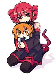  1girl a.i._voice adachi_rei black_boots boots character_doll detached_sleeves doll drill_hair full_body fumo_(doll) highres holding holding_doll kasane_teto kasane_teto_(utau) long_sleeves miniskirt pppp_0831 red_eyes red_hair simple_background sitting skirt solo twin_drills utau white_background 