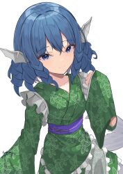  1girl absurdres blue_eyes blue_hair closed_mouth commentary_request drill_hair drill_sidelocks fins frilled_kimono frilled_sleeves frills green_kimono hair_between_eyes harumomiji head_fins highres japanese_clothes kimono long_sleeves looking_at_viewer medium_hair merfolk mermaid monster_girl obi obijime purple_sash sash sidelocks simple_background solo touhou wakasagihime white_background wide_sleeves 