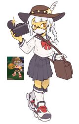  1girl bag black_sailor_collar black_shoes black_skirt black_socks bow bowtie brown_bag brown_hat burger camera check_copyright colored_skin copyright_request food fujimna full_body game_screenshot_inset gloves hat hat_feather holding holding_camera holding_food holding_strap kneehighs long_hair long_sleeves looking_at_viewer mask mouth_mask multicolored_shoes orange_eyes red_bow red_bowtie red_shoes reference_inset sailor_collar school_uniform screenshot_inset serafuku shirt shoes shoulder_bag shoulder_strap single_glove skirt sneakers socks standing star_(symbol) super_battle_golf two-tone_socks walking white_background white_gloves white_hair white_mask white_shirt white_shoes white_socks yellow_skin 