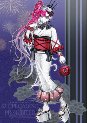  1girl alternate_costume baobhan_sith_(fate) baobhan_sith_(swimsuit_pretender)_(third_ascension)_(fate) breasts crown diandao_qin earrings fate/grand_order fate_(series) flower full_body grey_eyes hair_flower hair_ornament highres japanese_clothes jewelry kimono long_hair long_sleeves looking_at_viewer medium_breasts obi pink_hair platform_heels pointy_ears sash side_ponytail sidelocks smile solo veil white_kimono 