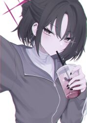  1girl barbell_piercing black_nails blue_archive brown_hair commentary cup disposable_cup drinking_straw drinking_straw_in_mouth ear_piercing grey_jacket halo highres holding holding_cup industrial_piercing jacket looking_at_viewer misaki_(blue_archive) misaki_(zozotown)_(blue_archive) moutanmen5 nail_polish official_alternate_costume official_alternate_hairstyle piercing ponytail reaching reaching_towards_viewer red_eyes red_halo selfie shirt short_hair short_ponytail simple_background solo upper_body white_background white_shirt zozotown 