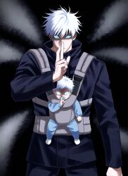  2boys absurdres babywearing black_background black_jacket black_pants blue_eyes closed_mouth father_and_child father_and_son finger_to_mouth gojo_satoru highres index_finger_raised jacket jujutsu_kaisen jujutsu_tech_uniform kyomi572 looking_at_viewer male_focus multiple_boys original pacifier pants parent_and_child short_hair simple_background straight-on unlimited_void_(jujutsu_kaisen) white_hair 