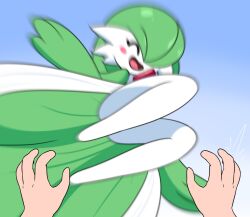  2others androgynous attacking_viewer blue_background blush_stickers closed_eyes colored_skin commentary english_commentary full_body gardevoir gradient_background green_hair green_skin happy highres jdkdoodles jumping kicking_viewer multicolored_skin multiple_others open_mouth parody pokemon pokemon_(creature) pov pov_hands short_hair smile solo_focus two-tone_skin umamusume white_skin 