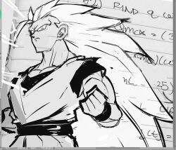  1boy dougi dragon_ball greyscale long_hair looking_at_viewer male_focus monochrome muscular muscular_male no_eyebrows pectorals photo_(medium) saiyan solo son_goku spiky_hair super_saiyan super_saiyan_3 teknodice toriyama_akira_(style) traditional_media undershirt upper_body writing 