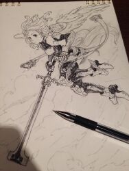  1girl arm_armor armor armored_shoes armpits bare_shoulders breastplate breasts closed_mouth commentary_request eyelashes fantasy feathered_wings floating_hair flying full_body gauntlets graphite_(medium) hands_up holding holding_sword holding_weapon jun_(navigavi) knee_armor leg_armor looking_to_the_side monochrome nose original paper_background photo_(medium) sketch small_breasts solo sword thigh_armor traditional_media weapon wings 