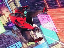  1boy arm_spikes black_bodysuit bodysuit building city clawed_hands clenched_hands colin_craker commentary cyberpunk dynamic_pose english_text flying_car highres male_focus marvel marvel_2099 mask midair miguel_o'hara motion_lines multicolored_bodysuit neon_lights outdoors red_bodysuit skyscraper solo speed_lines spider-man spider-man_(2099) spider-man_(series) spiked_arm superhero_costume two-tone_bodysuit 