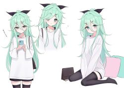  1girl absurdres alternate_hairstyle bag black_shorts black_thighhighs blue_eyes blush bra_strap cellphone collarbone commentary_request cowboy_shot cropped_torso double-parted_bangs flying_sweatdrops full_body green_hair hair_between_eyes hair_flaps hair_intakes handbag highres holding holding_phone jewelry kantai_collection long_hair long_sidelocks long_sleeves looking_at_viewer multiple_views necklace oversized_clothes oversized_shirt parted_bangs parted_lips phone pillow shirt short_shorts shorts sidelocks simple_background sitting sleeves_past_fingers sleeves_past_wrists smartphone smile thigh-highs translation_request upper_body very_long_hair wariza white_background white_shirt yachima yamakaze_(kancolle) zettai_ryouiki 