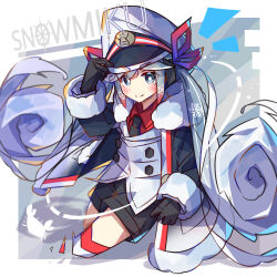  1girl black_gloves black_jacket black_necktie black_shorts blue_eyes blush border bright_pupils closed_mouth commentary cropped_legs fur-trimmed_sleeves fur_trim gloves grey_background hand_on_headwear hat hatsune_miku highres jacket long_hair long_sleeves looking_at_viewer necktie open_clothes open_jacket outside_border peaked_cap red_thighhighs shorts sidelocks smile solo striped_clothes striped_thighhighs tetenka thigh-highs twintails very_long_hair vest vocaloid white_border white_hair white_hat white_pupils white_vest yuki_miku yuki_miku_(2022) 