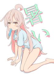  1girl absurdres ahoge commentary_request fley0205 food food_in_mouth half-closed_eyes highres long_hair messy_hair no_pants onii-chan_wa_oshimai! popsicle popsicle_in_mouth shirt sweat unamused 