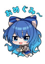  1girl bangle blue_bow blue_eyes blue_hair blue_skirt blush bow bowl bracelet chibi chibi_only commentary full_body grey_hoodie guminemi hair_bow highres holding holding_bowl hood hoodie jewelry long_hair looking_at_viewer open_mouth short_sleeves simple_background skirt smile solo stuffed_animal stuffed_cat stuffed_toy touhou translation_request very_long_hair white_background yorigami_shion 