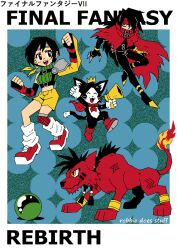  1boy 1girl animal animal_ear_piercing armor artist_name beads black_eyes black_gloves black_hair black_pants black_shirt blue_background body_markings boots border breasts cait_sith_(ff7) cape cat chest_strap clawed_gauntlets clenched_hands cloak commentary copyright_name crop_top crown english_commentary final_fantasy final_fantasy_vii final_fantasy_vii_rebirth final_fantasy_vii_remake fingerless_gloves fire flame-tipped_tail full_body gloves grey_headband hair_beads hair_between_eyes hair_ornament headband highres holding holding_megaphone long_hair loose_socks materia medium_breasts megaphone midriff mini_crown open_mouth pants pauldrons red_boots red_cape red_cloak red_eyes red_headband red_shoes red_xiii ribbed_shirt robertbegg_art shirt shoes short_hair shorts shoulder_armor sidelocks single_bare_shoulder single_pauldron sleeveless sleeveless_shirt smile sneakers socks tail torn_clothes vincent_valentine white_border white_socks yellow_eyes yellow_shorts yuffie_kisaragi 
