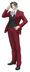  1boy absurdres ace_attorney ace_attorney_investigations ace_attorney_investigations_2:_prosecutor's_gambit ascot commentary curtained_hair edaki_shin'ya english_commentary formal_clothes full_body grey_hair hair_intakes hand_on_own_hip highres jacket male_focus miles_edgeworth official_art pants red_pants red_suit salute shoes solo standing suit tachi-e third-party_source transparent_background 