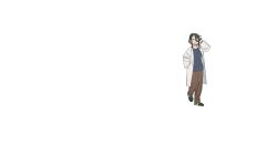  1girl asymmetrical_bangs black_hair black_shirt breasts brown_pants collarbone drooling full_body green_slippers grey_eyes hair_between_eyes hand_in_pocket hand_on_own_head hand_up heel_up highres hiratsuka_satomi holding imamura_ryou lab_coat looking_at_viewer medium_breasts mouth_drool official_art one_eye_closed open_mouth pants ponytail seitokai_ni_mo_ana_wa_aru! shirt simple_background sleepy slippers solo transparent_background walking 
