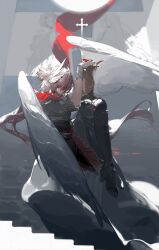  1girl arknights armor cross feathers fiammetta_(arknights) fiammetta_(divine_oath)_(arknights) greaves grey_background harumakigohlove highres kneeling long_hair red_eyes red_hair solo wings 